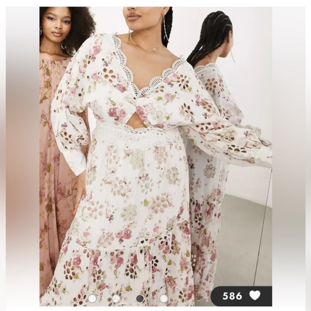 ASOS White Floral Eyelet Maxi Dress with Pink & Green Accents